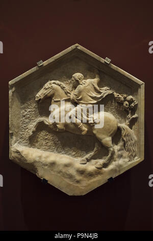 Horse riding depicted in the hexagonal relief by Italian Renaissance sculptor Andrea Pisano (1348-1350) from the Giotto's Campanile (Campanile di Giotto), now on display in the Museo dell'Opera del Duomo (Museum of the Works of the Florence Cathedral) in Florence, Tuscany, Italy. Stock Photo