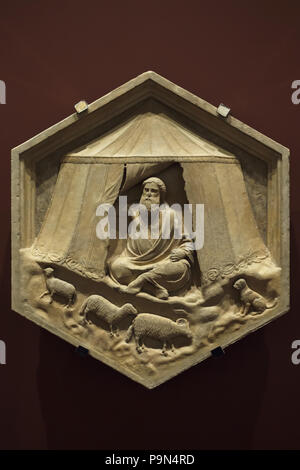 Jabal as personification of the beginning of sheepherding depicted in the hexagonal relief by Italian Renaissance sculptor Andrea Pisano (1334-1343) from the Giotto's Campanile (Campanile di Giotto), now on display in the Museo dell'Opera del Duomo (Museum of the Works of the Florence Cathedral) in Florence, Tuscany, Italy. Stock Photo