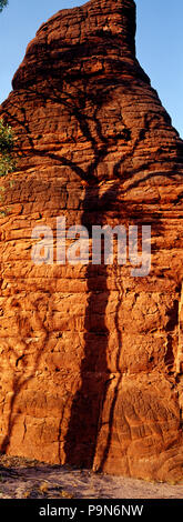 A Ghost Gum shadow on ancient red rocks sculptured over millennia. Stock Photo