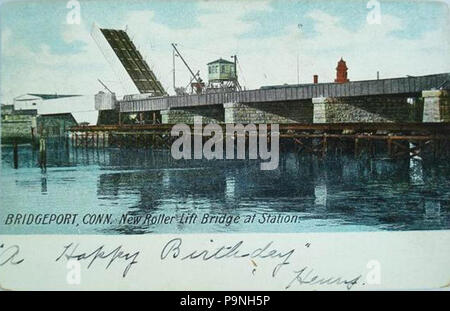 . English: Undivided-back postcard of the roller lift bridge carrying the New Haven Railroad over the Pequonnock River in Bridgeport, Connecticut. The rear showed a September 1909 postmark with the exact date illegible. Caption: 'BRIDGEPORT, CONN. New Roller Lift Bridge at Station' On address side, along left side: United Art Publishing Co. No. 542 (Made in Germany)' . Postcard printed circa 1901-1907; mailed in Sptember 1909 29 1909 Pequonnock River Bridge postcard Stock Photo