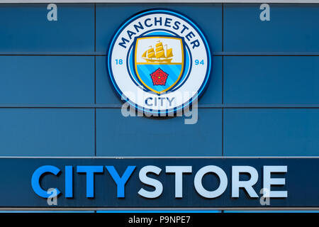 MANCHESTER, UNITED KINGDOM - MAY 19 2018: Manchester City Football Club founded in 1880 in Manchester, UK. which has the Etihad Stadium as its own hom Stock Photo