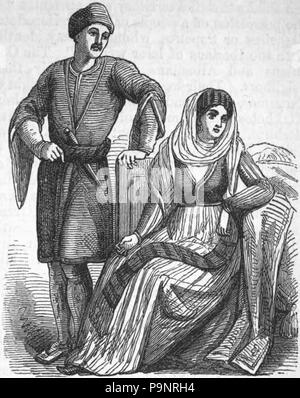 . English: Drawing of a couple from Georgia (country) illustrating the costumes. published 1879 121 AmCyc Georgia (Russian Transcaucasia) - Georgian Costumes Stock Photo