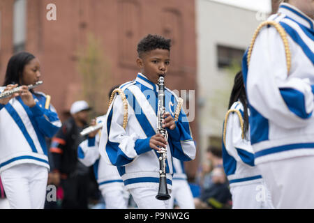 Holland, Michigan, USA - May 12, 2018 Members of the Calvin Christian School Marching Band at the Muziek Parade, during the Tulip Time Festival Stock Photo