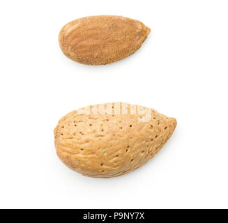 Almonds top view isolated on white background compare shelled and unshelled nuts Stock Photo