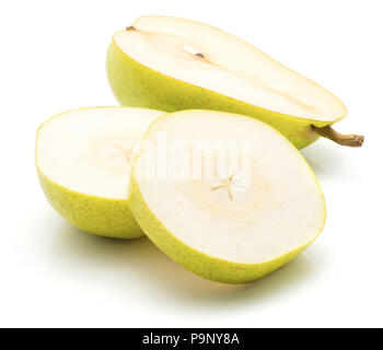 Sliced green pear isolated on white background two circles and one cross section half Stock Photo