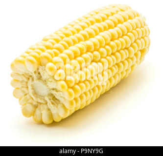 One half of broken open sweet corn isolated on white background Stock Photo