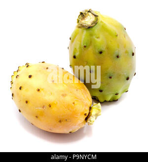 Two whole prickly pears, orange and green yellow isolated on white background Stock Photo
