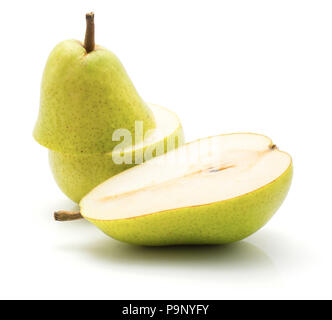 Sliced green pear with cross section half isolated on white background Stock Photo