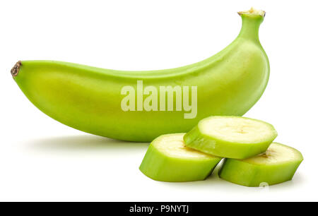 One whole plantain and three slices isolated on white background Stock Photo