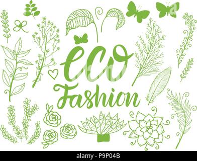 Set Vector Eco Fashion inscription with green botanical flower isolated on white background. Stock Vector