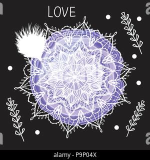 Vector Hand drawn mandala. Wedding day design card. Illustration of purple stone and elements. Stock Vector