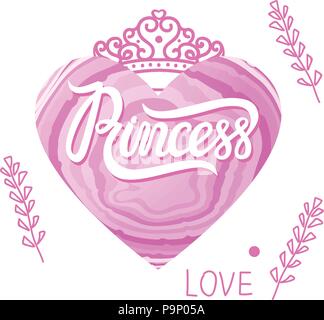 Princess lettering on pink heart. Modern trend of design. Vector illustration isolated on white. Stock Vector