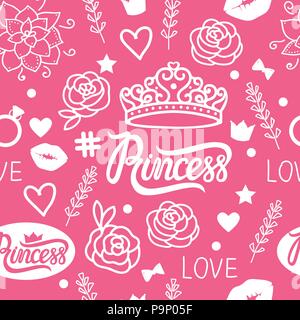 Vector Seamless pattern of design elements for girls. Hand drawing. Princess style Stock Vector