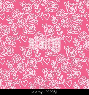 Vector Roses and lavender flowers hand drawn seamless pattern. Pink isolated on white background. Stock Vector