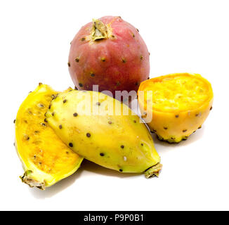Sliced yellow and orange prickly pear halves, one whole pink, isolated on white background Stock Photo