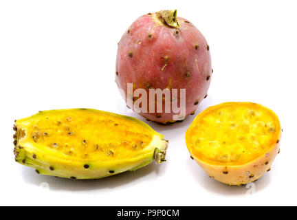 Prickly pear, one whole and two sliced halves, pink and bright yellow, isolated on white background Stock Photo