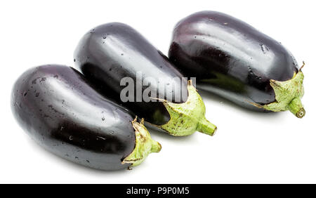 Three whole eggplants (aubergine) in row isolated on white background Stock Photo