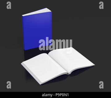 Blank blue vertical soft cover books open and standing on black background. Isolated with clipping path around each book Stock Photo