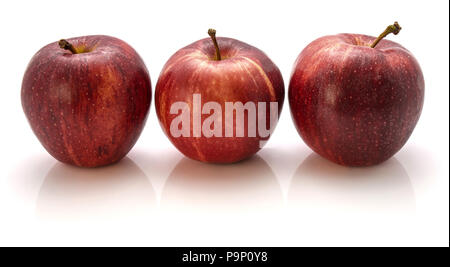 Three whole Gala apples in row isolated on white background Stock Photo