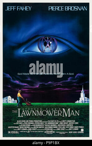 The Lawnmower Man (1992) directed by Brett Leonard and starring Jeff Fahey, Pierce Brosnan, Jenny Wright and Mark Bringelson. A simple gardener turns into a genius via a scientific experiment with some unexpected consequences. Stock Photo