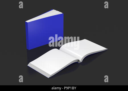 Blank blue horizontal soft cover books open and standing on black background. Isolated with clipping path around each book Stock Photo