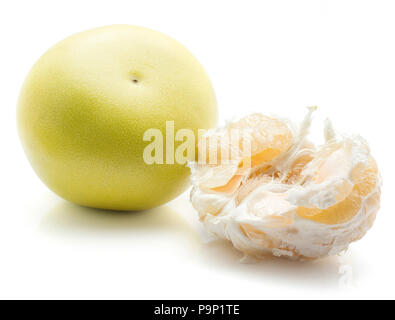 Pamelo isolated on white background unpeeled one and peeled half segmented Stock Photo