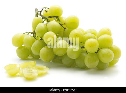 One green grape bunch (Early Sweet or Grapaes variety) with sliced berries stack isolated on white background Stock Photo