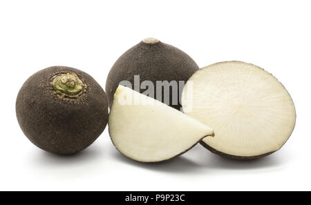 Black radish two bulbs one half one slice isolated on white background Stock Photo