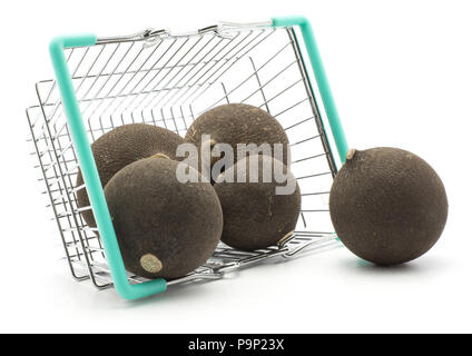 Black radish out a shopping basket isolated on white background five fresh bulbs Stock Photo
