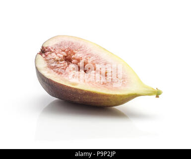 One fig sliced half with rose flesh isolated on white background ripe fresh purple green Stock Photo