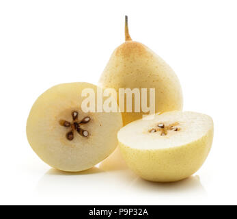 Two Nashi pears (Russet pear) isolated on white background whole and one sliced in two halves yellow textured flesh with seeds Stock Photo
