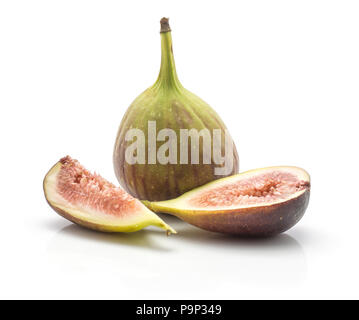 One fig with a half and slice isolated on white background ripe fresh purple green and rose flesh Stock Photo