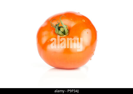 Red tomato with vine end isolated on white background one whole fresh Stock Photo