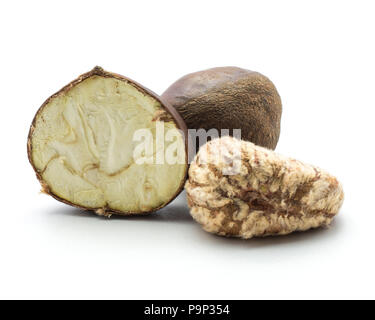 Half-peeled chestnut on white background, two unpeeled Stock Photo - Alamy