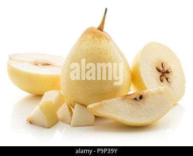 Nashi pear set (Russet pear) isolated on white background yellow textured flesh with seeds one whole two different halves one slice four cut pieces Stock Photo