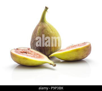 One whole fig and two sliced halves with rose flesh isolated on white background ripe fresh purple green Stock Photo