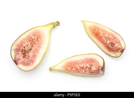 Cut figs top view isolated on white background one half two slices ripe purple green rose flesh Stock Photo