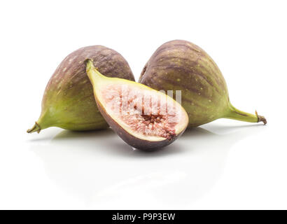 Two green purple figs one half isolated on white background ripe fresh rose flesh Stock Photo