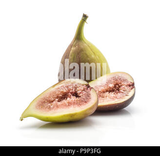 One fig and two sliced halves with rose flesh isolated on white background ripe fresh purple green Stock Photo