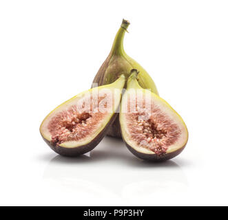 One fig two halves with rose flesh isolated on white background ripe fresh purple green Stock Photo