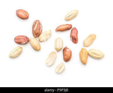 Raw peanuts top view isolated on white background (shelled, husk, whole, halves) Stock Photo