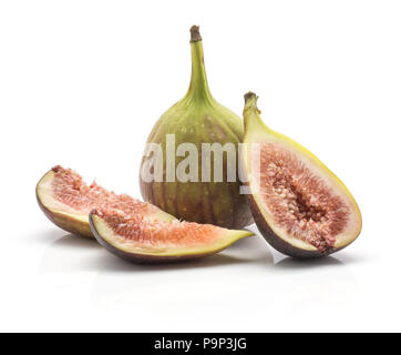 One fig one half two slices isolated on white background ripe fresh purple green and rose flesh Stock Photo