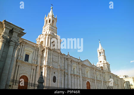 Basilica Cathedral of Arequipa, the famous landmark at Plaza de Armas square of Arequipa, Peru Stock Photo