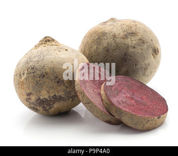 Two beetroot (raw red beet) bulbs and  two slices isolated on white background Stock Photo