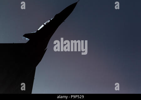 The Sukhoi Su-34 jet fighter-bomber of Russian Air Force performs its demonstration flight at MAKS-2015 airshow near Zhukovsky, Moscow Region, Russia. Stock Photo