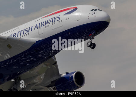 The Airbus A380 widebody civil jet airplane of British Airways performs its demonstration flight during Paris Airshow-2013 over Le Bourget, France Stock Photo