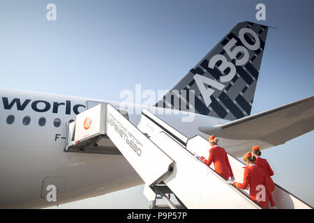 Aeroflot's flight attendants inspect the Airbus A350 civil jet airplane during its visit to Sheremetyevo airport, Moscow, Russia Stock Photo