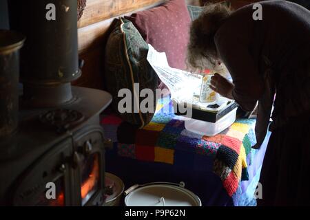Checking germinating seeds indoors in February, using a woodburning stove  to maintain high temperatures, Wales, UK. Stock Photo