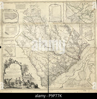 A map of the province of South Carolina with all the rivers, creeks, bays, inletts, islands, inland navigation, soundings, time of high water on the sea coast, roads, marshes, ferrys, bridges, swamps, Stock Photo