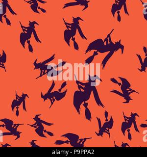 Witch broomstick Halloween pattern seamless. Vector illustration. Purple witch orange background. All Saints Eve. Stock Vector